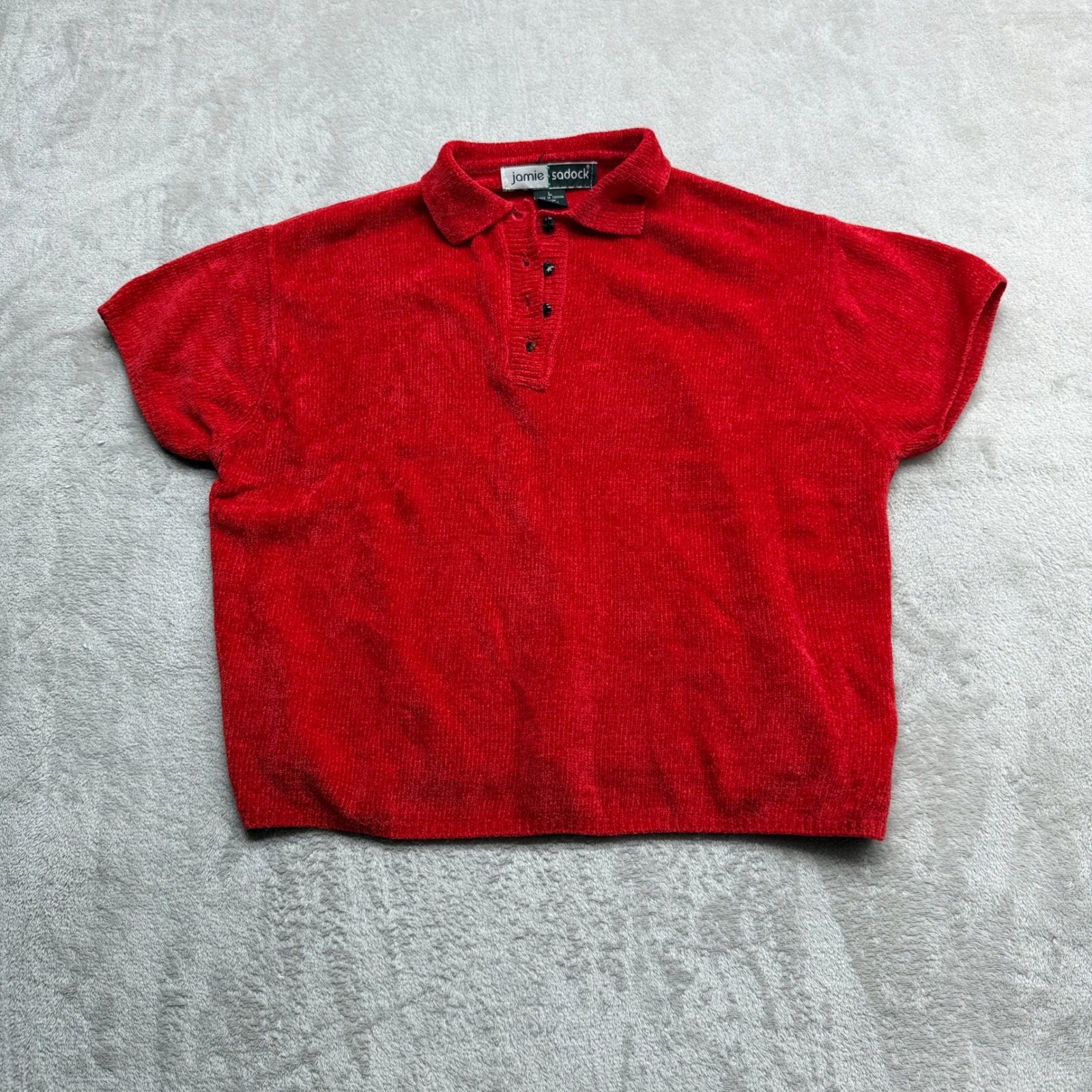 Jamie Sadock Golf Polo Shirt Womens Large Red Chenille Knit Short Sleeve Top 90s